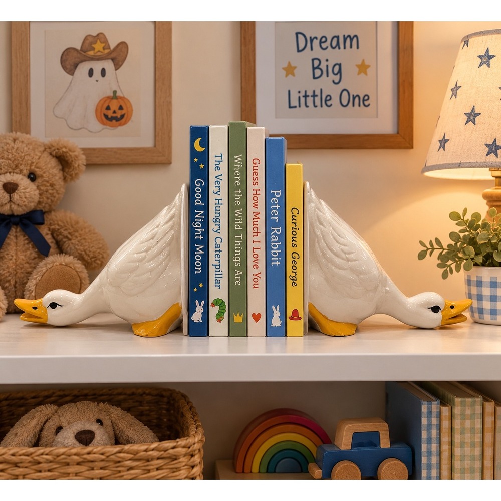 VTG set Ceramic White Goose Bookends Farmhouse childs Nursery cottagecore
Decor